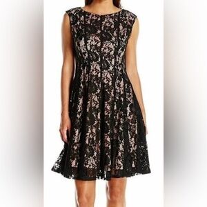 EUC Julian Taylor Black Lace w/Nude Lining Sleeveless Fit & Flare Dress. Size 6.
